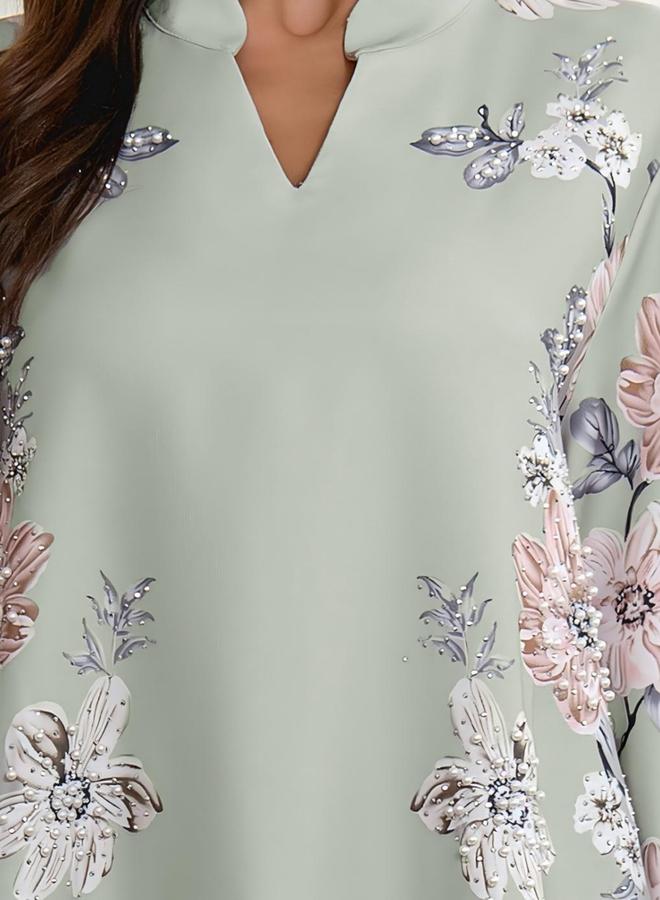 تايك تو جلابية مزينة بطبعة زهور وتفاصيل لؤلؤ صناعي - Image 2