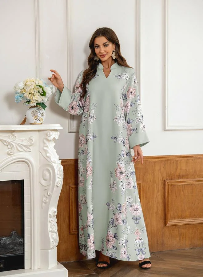 Take Two Green Take Two Floral Print Embellished Faux Pearl Detail Jalabiya for Women | Best Price UAE