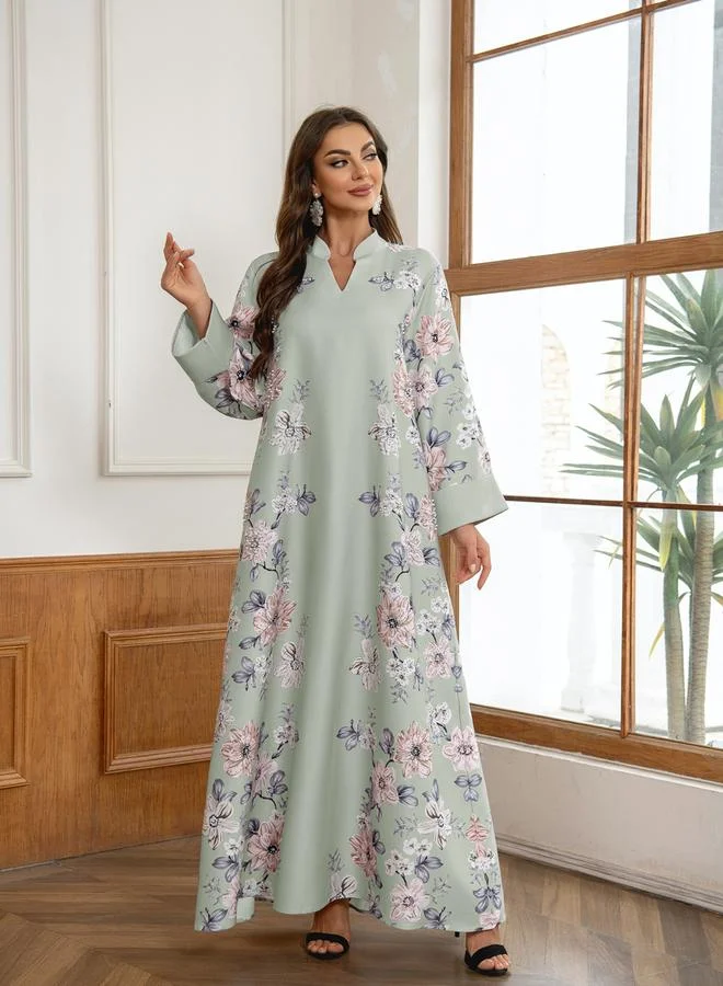 Take Two Green Take Two Floral Print Embellished Faux Pearl Detail Jalabiya for Women | Best Price UAE