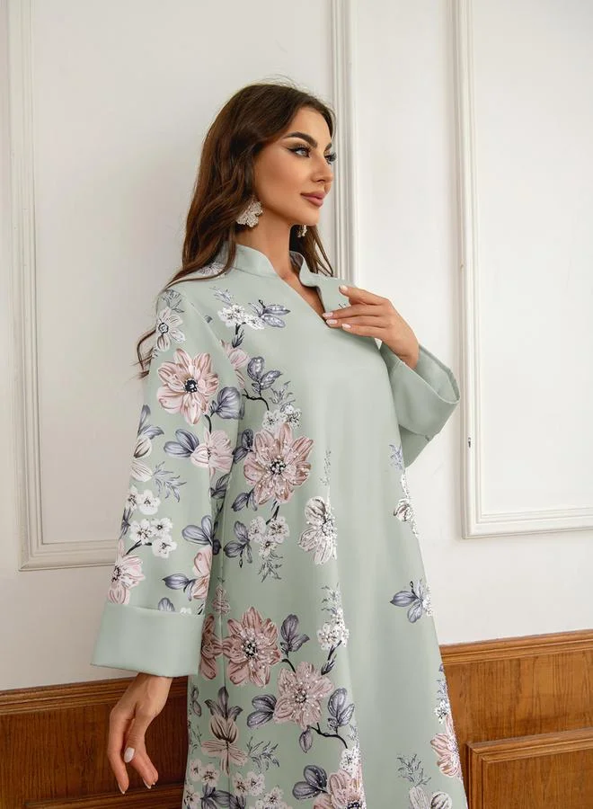 Take Two Green Take Two Floral Print Embellished Faux Pearl Detail Jalabiya for Women | Best Price UAE