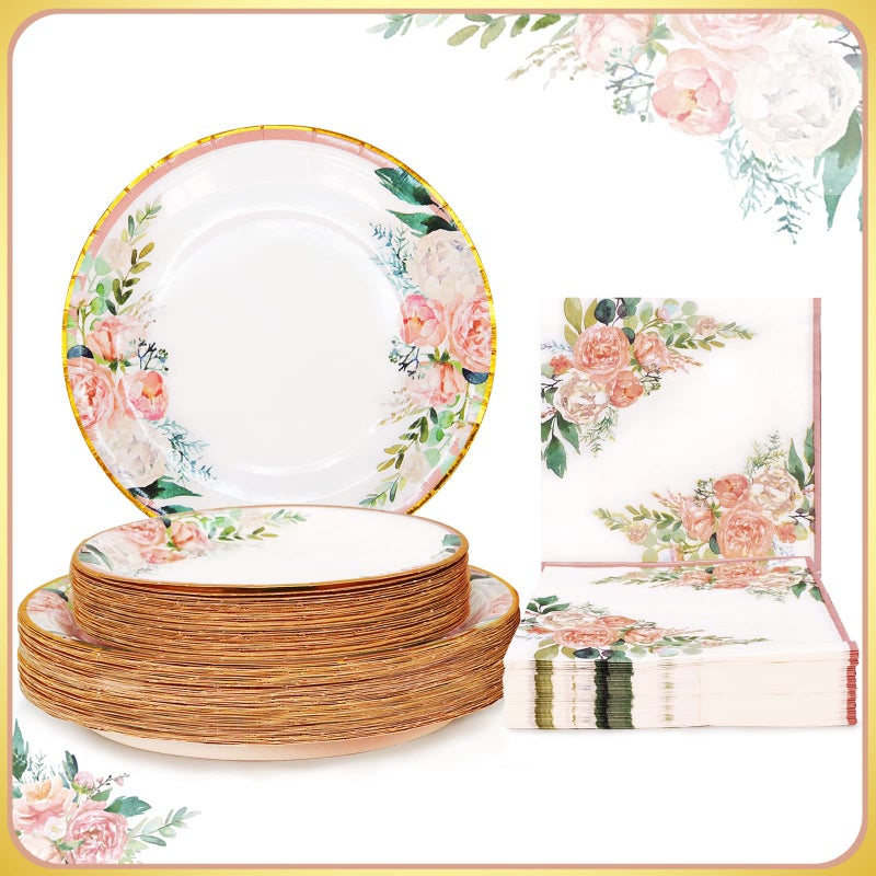 Boosolo Floral Party Supplies  Paper Plates and Napkins Sets for 50 Guests  Include Floral Party Disposable Paper Dinner Plates Napkins for Baby or Bridal Shower Birthday Wedding