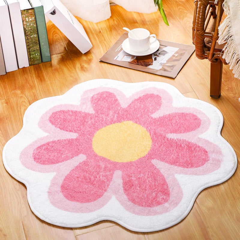 Tinideya Aesthetic Cute Flower Round Area Rug Non Slip Circle Soft Fluffy Flower Rug Indoor Floor Mat Carpet for Girls Bedroom Bathroom Living Room Sofa Nursery DecorPink 2 ft
