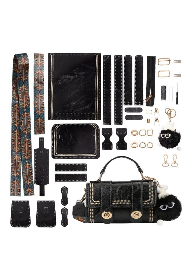 مجموعة صنع حقيبة جلدية على الكتف، مجموعة صنع حقيبة ظهر جلدية، مجموعة خياطة جلدية لصنع حقيبة ساتشيل مع مجموعة خياطة للحقائب للهدايا الشخصية المصنوعة يدويًا، بحجم 7.4x3.9x2.7 بوصة (أسود) - Image 1