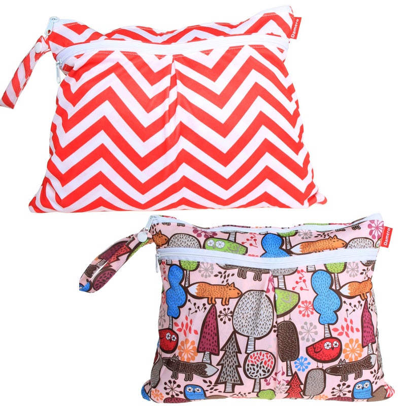 حقيبة داميرو المائية 2Pack، حقيبة قابلة لإعادة الاستخدام لتنظيم الرطب والجاف للسفر، الشاطئ، الحفاضات، أجزاء مضخة الثدي وملابس السباحة الرطبة، شجرة + شيفرون أحمر