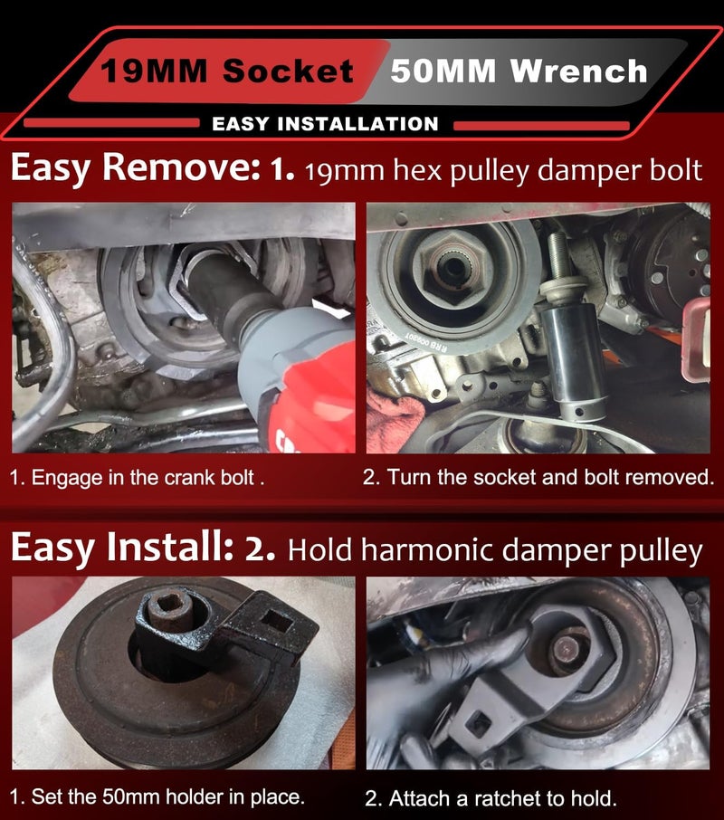 Camoo 19 mm Harmonic Balancer Socket & 50mm Crankshaft Crank Pulley Wrench Holder Tool Compatible with Honda and Acura Engines | 77080 19mm Crank Bolt Socket | 2 Pack - Image 4