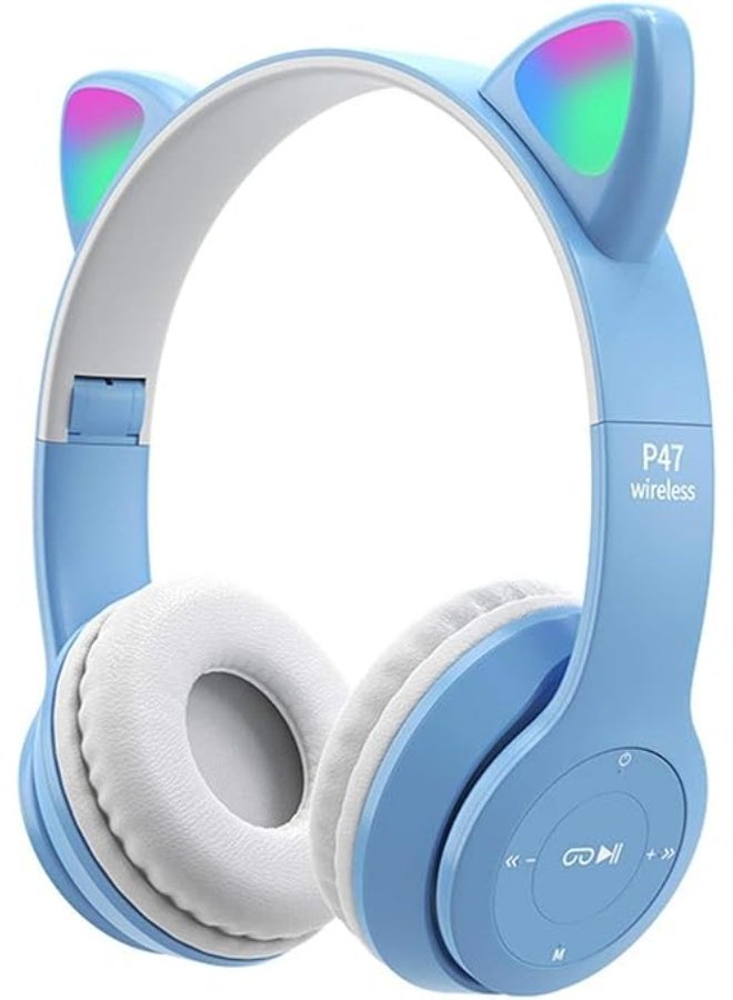 Small Wireless Gaming Headset P47M – LED Light Up Cat Ear Shaped Bluetooth Stereo Headphones for Kids & Adults, Blue - Image 1