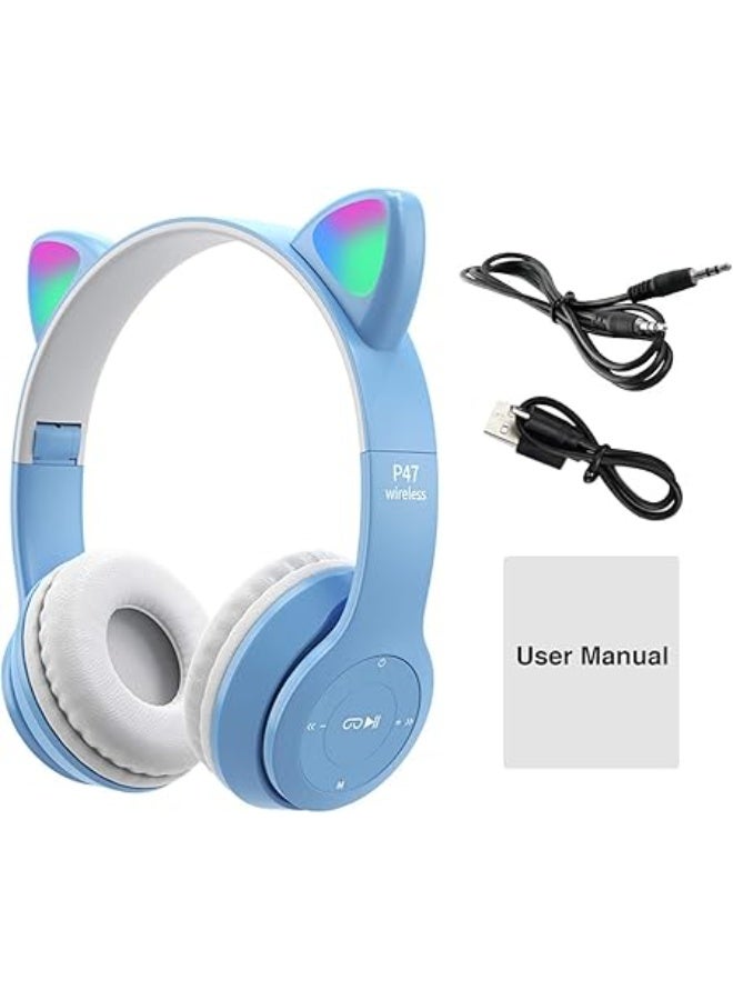 Small Wireless Gaming Headset P47M – LED Light Up Cat Ear Shaped Bluetooth Stereo Headphones for Kids & Adults, Blue - Image 2