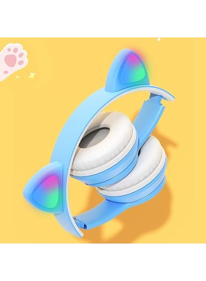Small Wireless Gaming Headset P47M – LED Light Up Cat Ear Shaped Bluetooth Stereo Headphones for Kids & Adults, Blue - Image 3