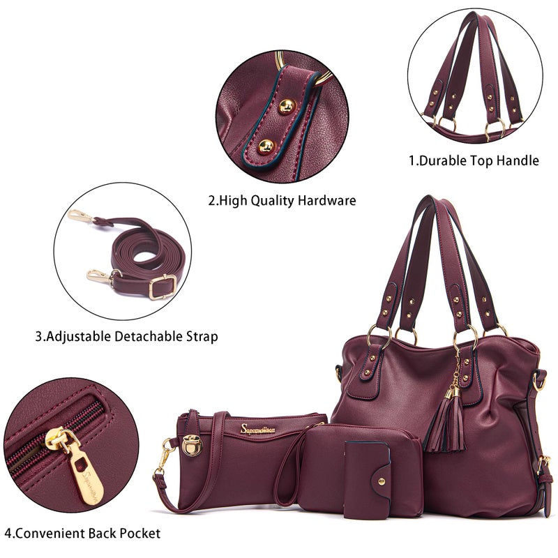Soperwillton Fashion Handbag for Women Shoulder Bag Top Handle Satchel Hobo Tote Bag Purse Set 4pcs - Image 4