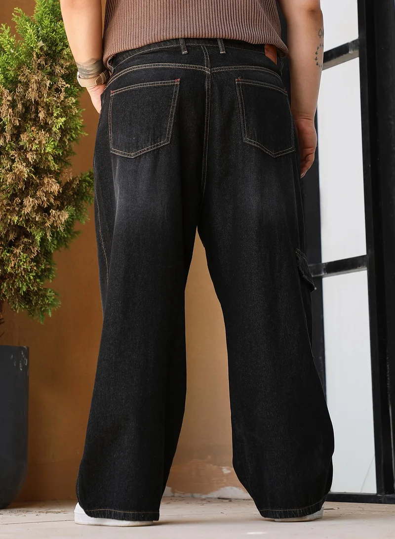 Instafab Plus Instafab Plus Men's Charcoal Black Tinted Relaxed-Utility Denim Jeans For Casual Wear | Mid-Rise | Straight Fit | Button Closure | Plus Size Denim Jeans Crafted With Comfort Fit For Everyday Wear