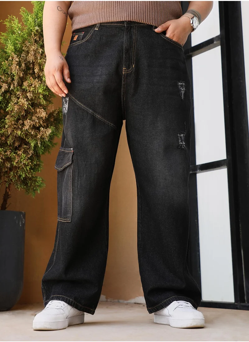 انستافاب بلس Instafab Plus Men's Charcoal Black Tinted Relaxed-Utility Denim Jeans For Casual Wear | Mid-Rise | Straight Fit | Button Closure | Plus Size Denim Jeans Crafted With Comfort Fit For Everyday Wear