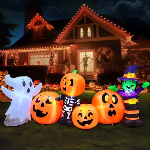 Joiedomi 8 ft Long Halloween Inflatable Three Characters and Pumpkin Patch Outdoor Decoration, Blow Up Inflatables Witch Ghost Skeleton Yard Decorations with LEDs for Party Yard Lawn Garden Decor - Image 1