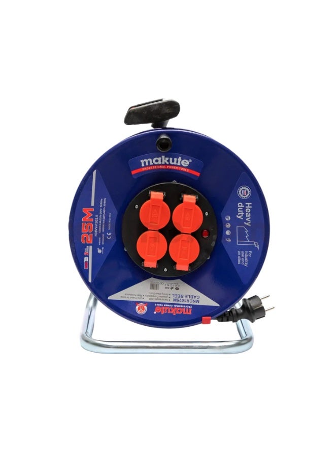 ماكيوت بكرة كابل تمديد صناعي عالي التحمل بطول 25 مترًا، موسع خط طاقة كهربائي بأربعة مقابس مع قاعدة فولاذية مجلفنة، مقاوم للغبار والرذاذ - MKCR1025M - Image 1