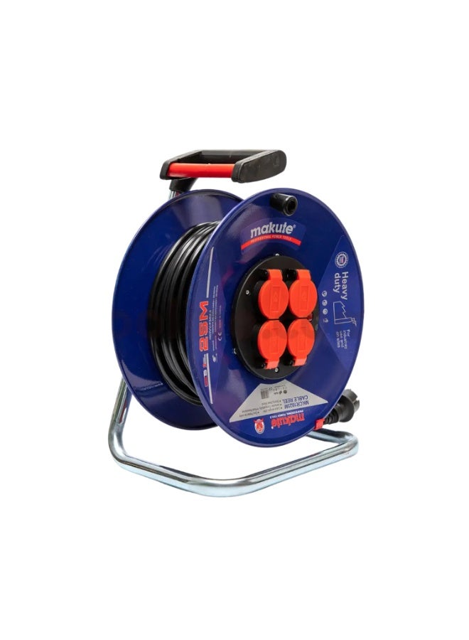 ماكيوت بكرة كابل تمديد صناعي عالي التحمل بطول 25 مترًا، موسع خط طاقة كهربائي بأربعة مقابس مع قاعدة فولاذية مجلفنة، مقاوم للغبار والرذاذ - MKCR1025M - Image 4