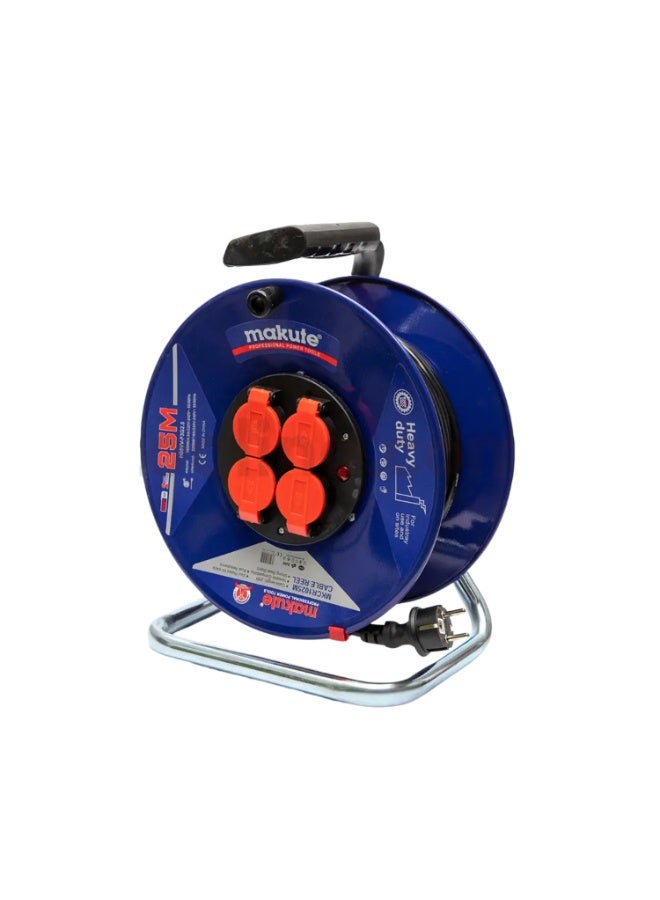 ماكيوت بكرة كابل تمديد صناعي عالي التحمل بطول 25 مترًا، موسع خط طاقة كهربائي بأربعة مقابس مع قاعدة فولاذية مجلفنة، مقاوم للغبار والرذاذ - MKCR1025M - Image 2