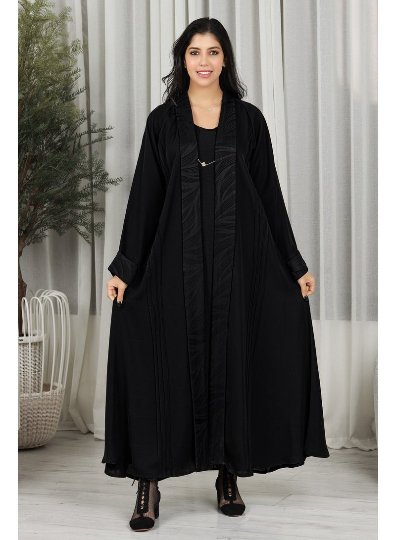 MyesuQ Black abaya featuring floral fabric at the collar and sleeves - Image 1