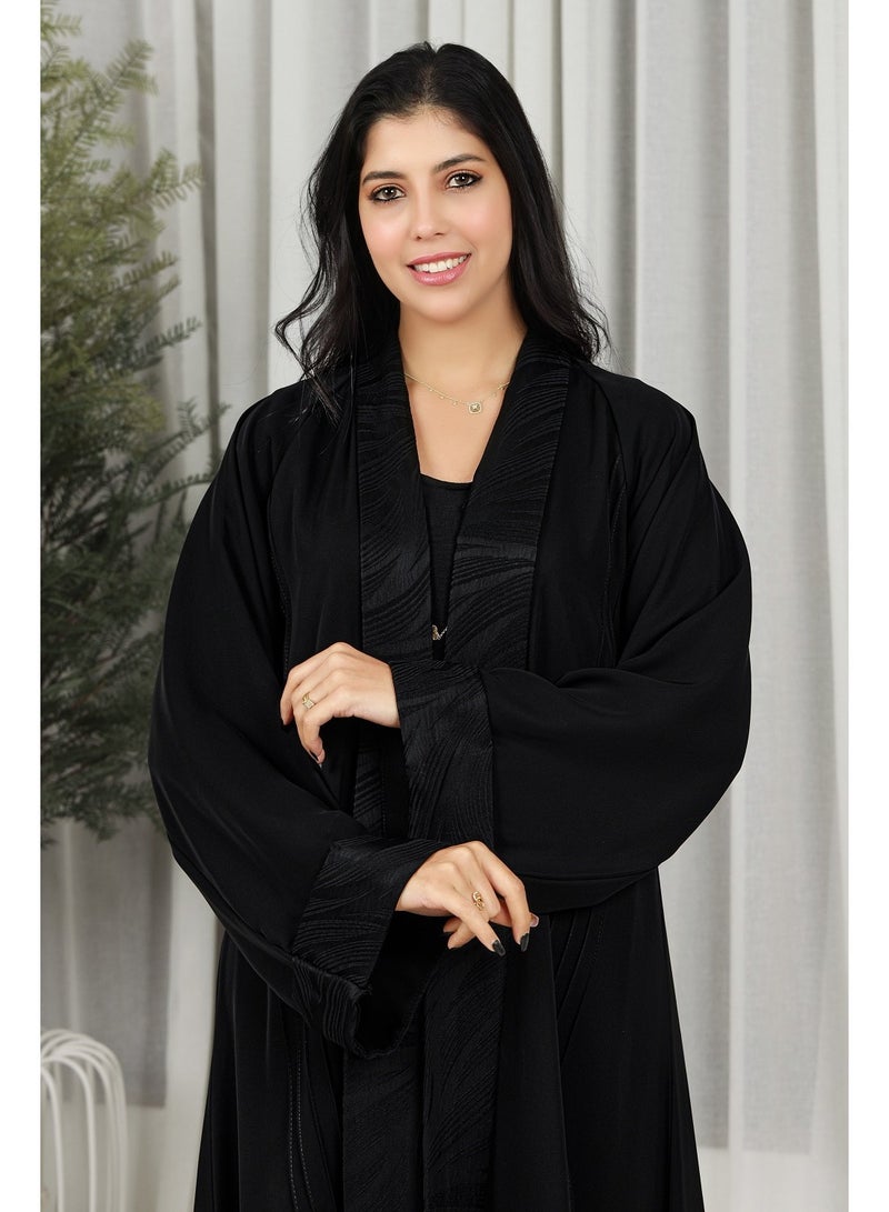 MyesuQ Black abaya featuring floral fabric at the collar and sleeves - Image 4