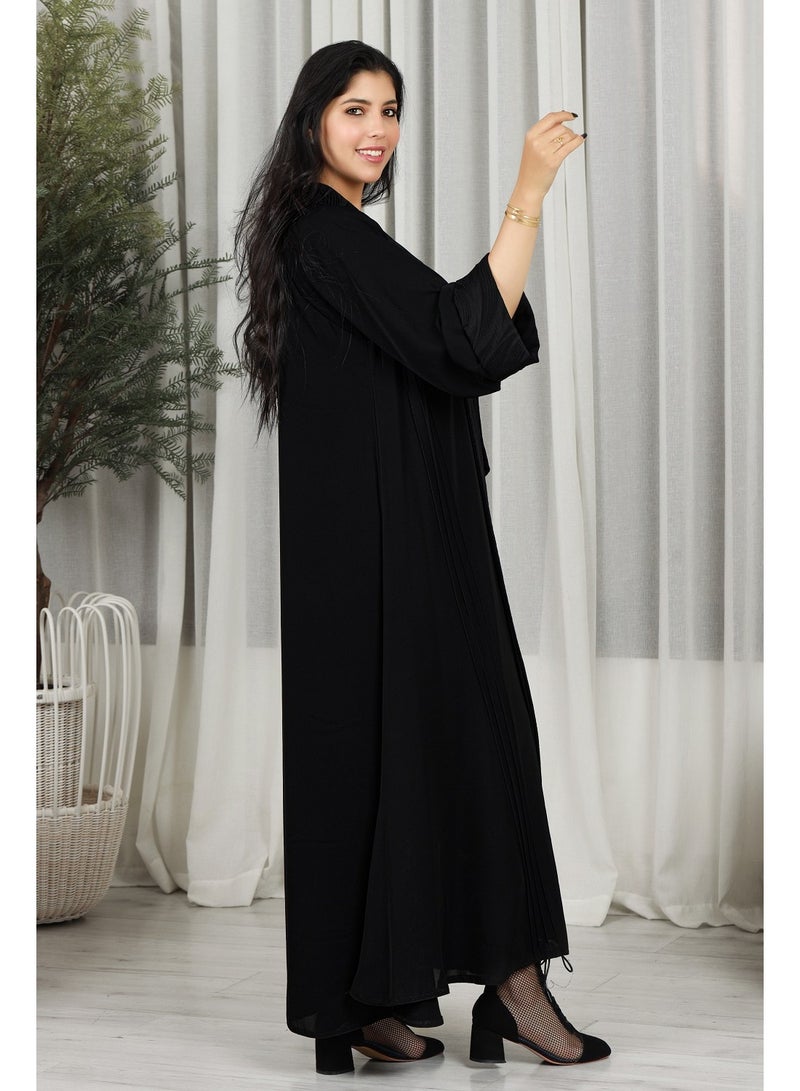 MyesuQ Black abaya featuring floral fabric at the collar and sleeves - Image 2