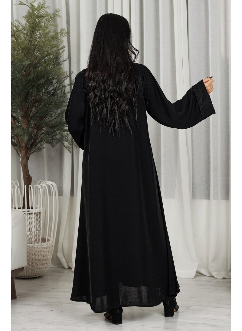 MyesuQ Black abaya featuring floral fabric at the collar and sleeves - Image 3