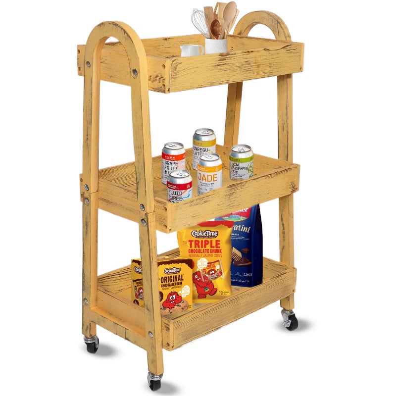 Kersiki 3-Tier Wooden Rolling Cart- Wooden Utility Cart wit Wheels- Utility Rolling Cart-Storage Trolley Organizer- Rolling Kitchen Serving Cart for Office,Kitchen, Kids' Room (Retro Yellow) - Image 3