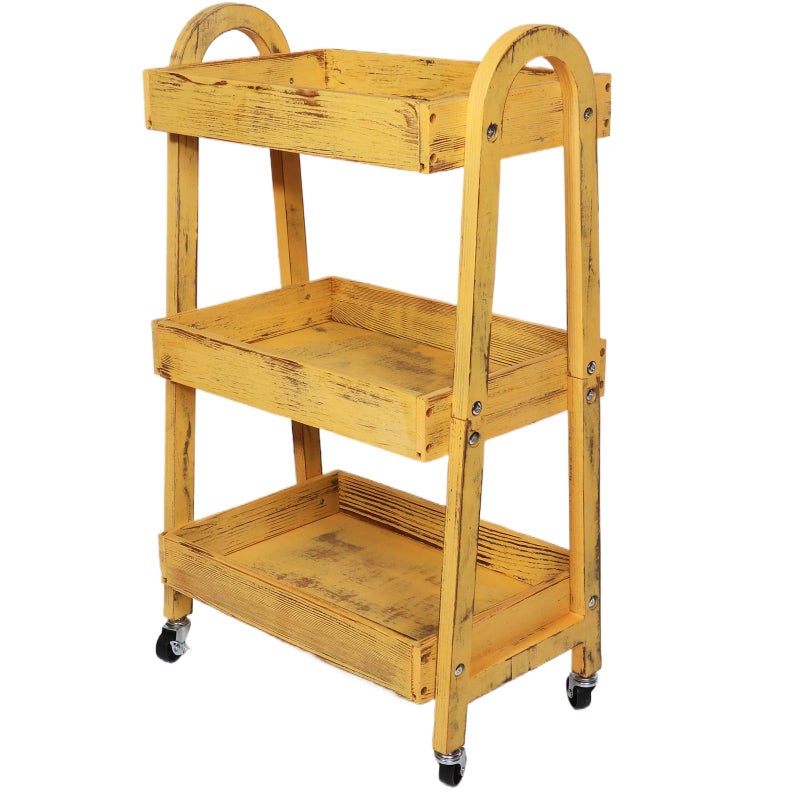 Kersiki 3-Tier Wooden Rolling Cart- Wooden Utility Cart wit Wheels- Utility Rolling Cart-Storage Trolley Organizer- Rolling Kitchen Serving Cart for Office,Kitchen, Kids' Room (Retro Yellow) - Image 1