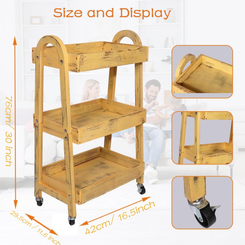 Kersiki 3-Tier Wooden Rolling Cart- Wooden Utility Cart wit Wheels- Utility Rolling Cart-Storage Trolley Organizer- Rolling Kitchen Serving Cart for Office,Kitchen, Kids' Room (Retro Yellow) - Image 2