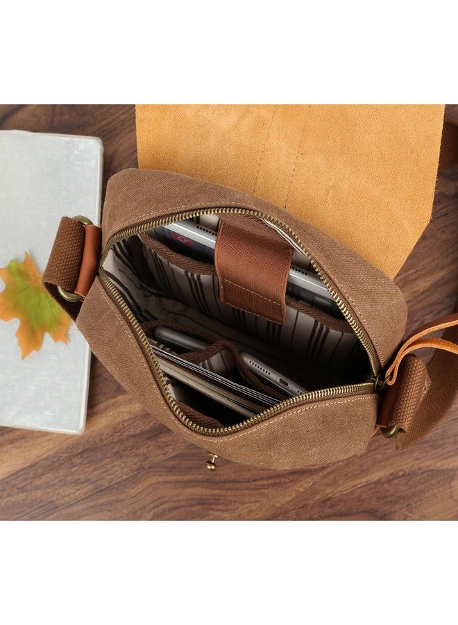 YEY Unisex Crossbody 10 inch Waterproof Vintage Leather Waxed Canvas Casual Small Genuine Leather for Tablet Wearable Crossbody Bag Brown - Image 2