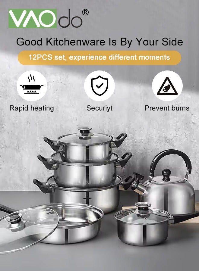 فاو دو 12 قطعة من القدور والمقالي المصنوعة من الفولاذ المقاوم للصدأ مجموعة تجهيزات المطابخ المطبخ يعمل مع مواقد الحث الكهربائية والغازية أواني ومقالي غسالة الصحون مجموعة طهي المطبخ مع مقابض تبقى باردة - Image 5