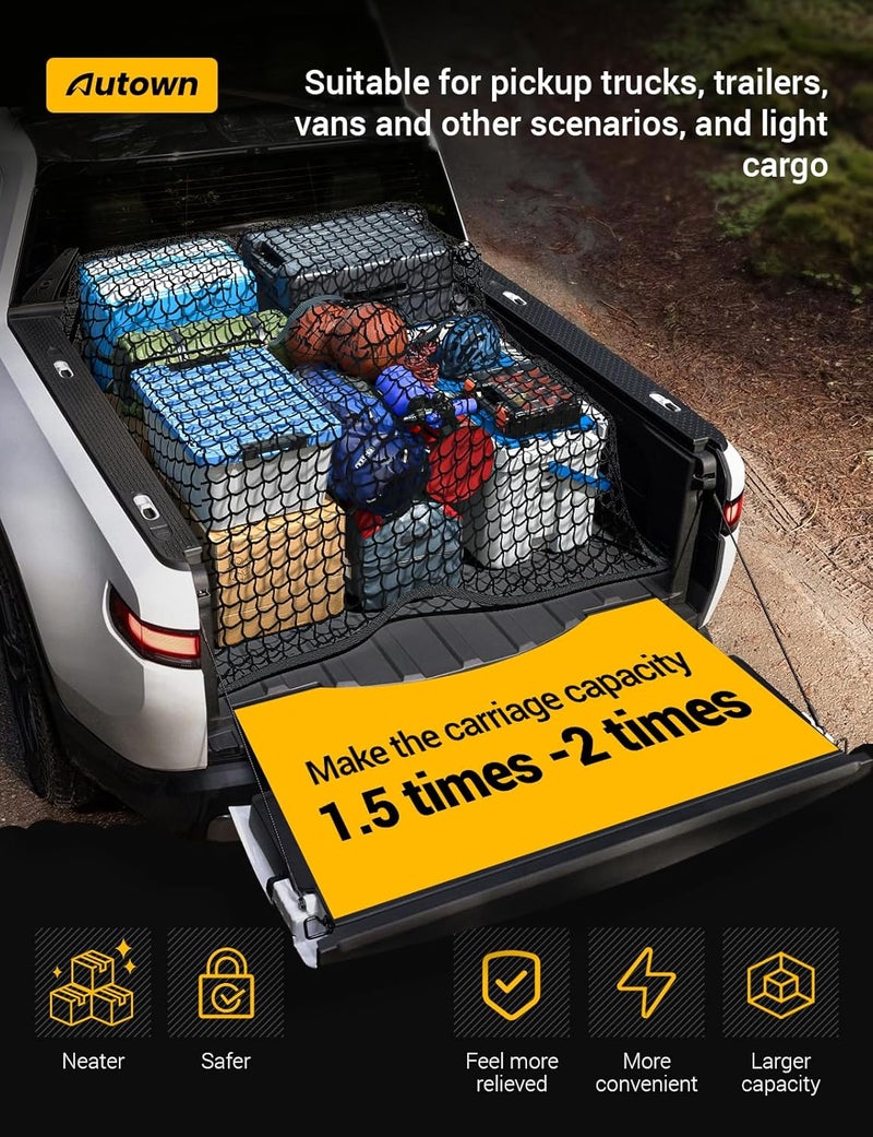شبكة حمولة لصندوق شاحنة البيك أب - قابلة للتمدد من 4×4 قدم إلى 7×7 قدم، شبكة دقيقة عالية المرونة بحجم 1×1 بوصة مع 8 حلقات تسلق معدنية - مثالية للاستخدام مع مركبات ATV وSUV وUTV والشاحنات والقوارب (طبقة مزدوجة) - Image 2