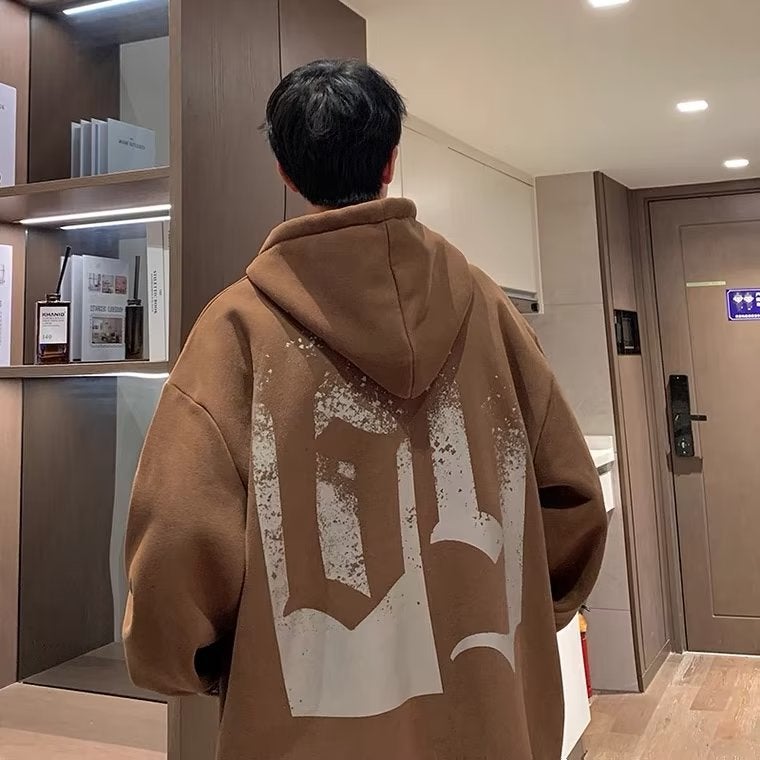 2024 Fall Winter Abstract Print Mens Hoodie Sweatshirt Brown - Image 2