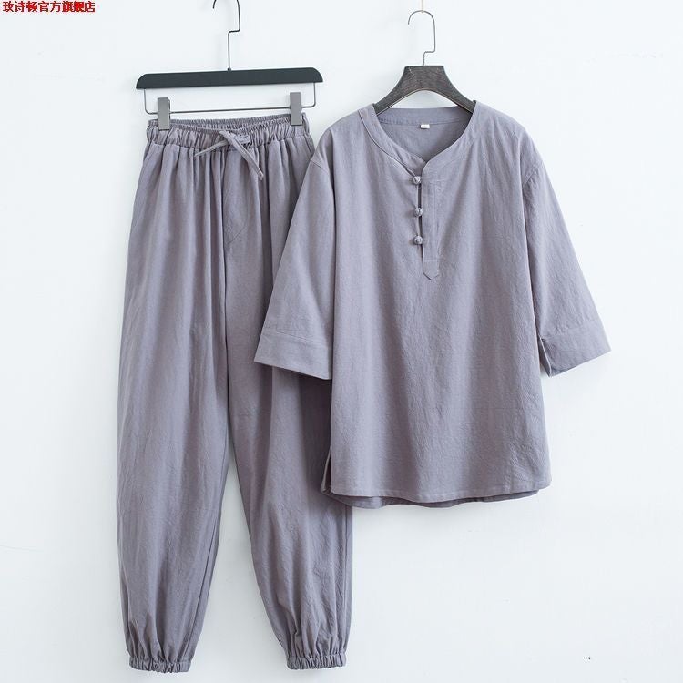 Summer Linen Chinese Style Mens Casual T-Shirt Set Gray [jacket pants]] 