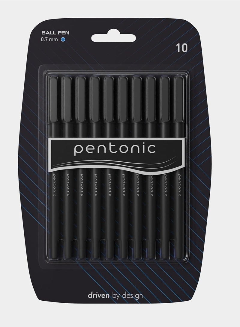 Pentonic 0.7mm Ball Point Pen Blister Pack | Black Body | Blue Ink | Set of 10 Pens - Image 1