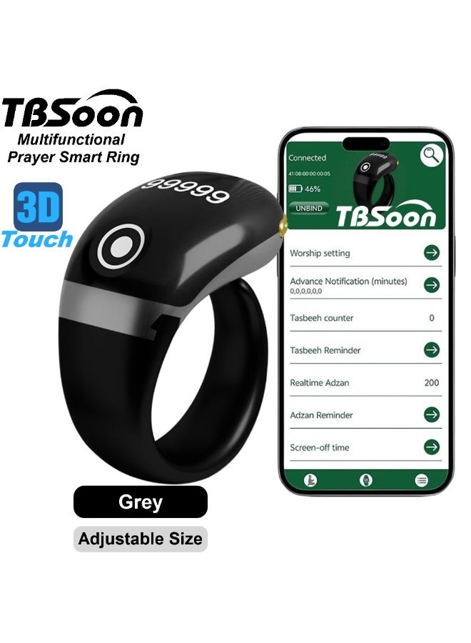تي بي سون خاتم تسبيح ذكي خفيف الوزن، عداد تسبيح، مؤشر اتجاه الصلاة، ساعة منبه 5 أذان، شاشة كبيرة، بطارية كبيرة، مغفرة، مسبحة إلكترونية، هدية عيد الفطر وعيد الأضحى في رمضان، للرجال والنساء، مع تطبيق الهاتف الذكي - رمادي برو - Image 1