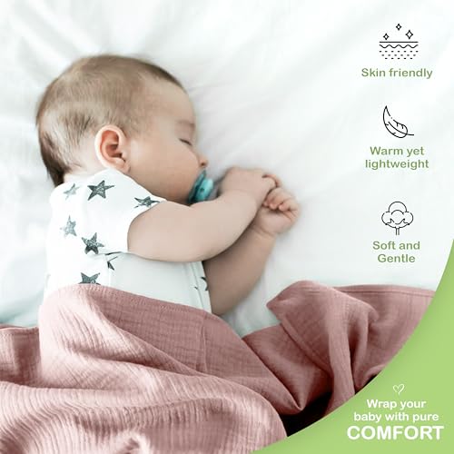 infancie Organic Cotton Muslin Baby Blanket - 47x47 Inch Breathable Swaddle, Hypoallergenic Double-Layer, Versatile Use (Rose/Peach, 47x47 Inch) - Image 5