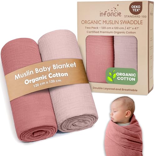infancie Organic Cotton Muslin Baby Blanket - 47x47 Inch Breathable Swaddle, Hypoallergenic Double-Layer, Versatile Use (Rose/Peach, 47x47 Inch) - Image 1