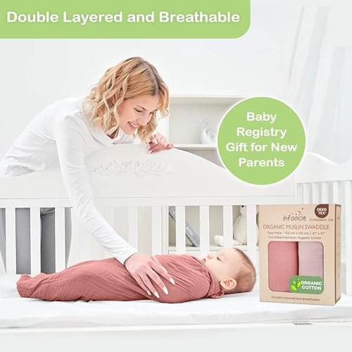 infancie Organic Cotton Muslin Baby Blanket - 47x47 Inch Breathable Swaddle, Hypoallergenic Double-Layer, Versatile Use (Rose/Peach, 47x47 Inch) - Image 2