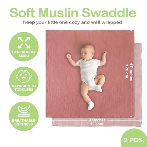 infancie Organic Cotton Muslin Baby Blanket - 47x47 Inch Breathable Swaddle, Hypoallergenic Double-Layer, Versatile Use (Rose/Peach, 47x47 Inch) - Image 4