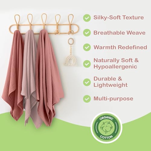 infancie Organic Cotton Muslin Baby Blanket - 47x47 Inch Breathable Swaddle, Hypoallergenic Double-Layer, Versatile Use (Rose/Peach, 47x47 Inch) - Image 3