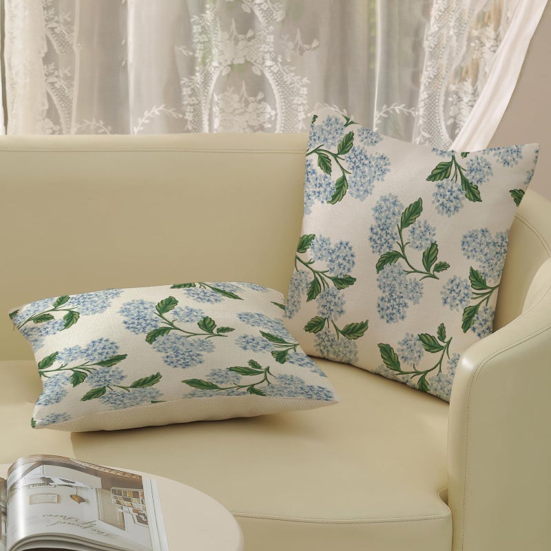 JEFERSO Blue Hydrangea Floral Pillow Covers 18x18 Set of 2 Spring Summer Floral Decorative Pillow Cases Rustic Flowers Decor Throw Pillows Holiday Outdoor Linen Farmhouse Cushion Case for Couch Sofa - Image 4