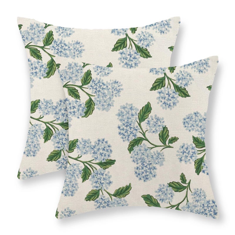 JEFERSO Blue Hydrangea Floral Pillow Covers 18x18 Set of 2 Spring Summer Floral Decorative Pillow Cases Rustic Flowers Decor Throw Pillows Holiday Outdoor Linen Farmhouse Cushion Case for Couch Sofa - Image 1