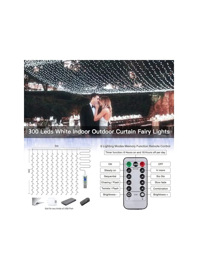 The Bros Curtain Lights, 300LED 3×3m Curtain Lights with USB Powered Remote, Waterproof Curtain Lights with 8 Lighting Modes, Fairy Curtain Light for Bedroom, Wedding, Home Decorations - Image 5