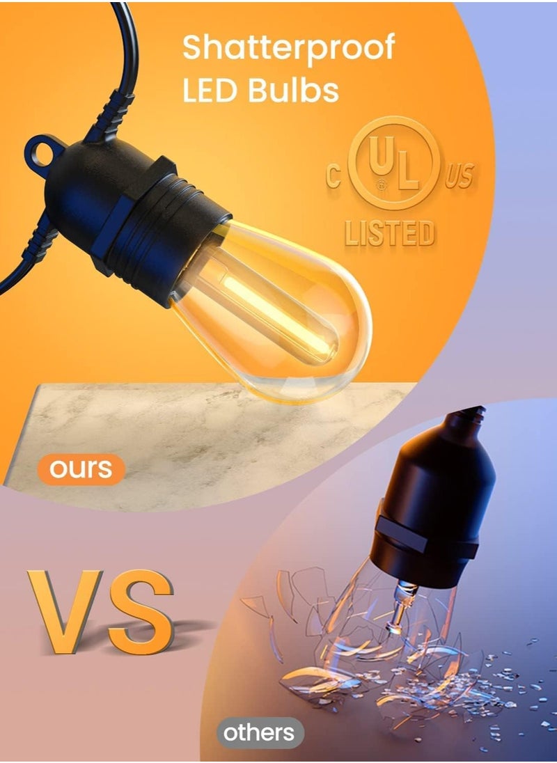 S14 15 LED Bulbs | 15m (50ft) LED Outdoor String Lights | Warm White | 2-Pin EU Plug | Shatterproof | IP65 Waterproof Hanging Light Strings for Wedding, Patio, Indoor, Outdoor Party, Garden