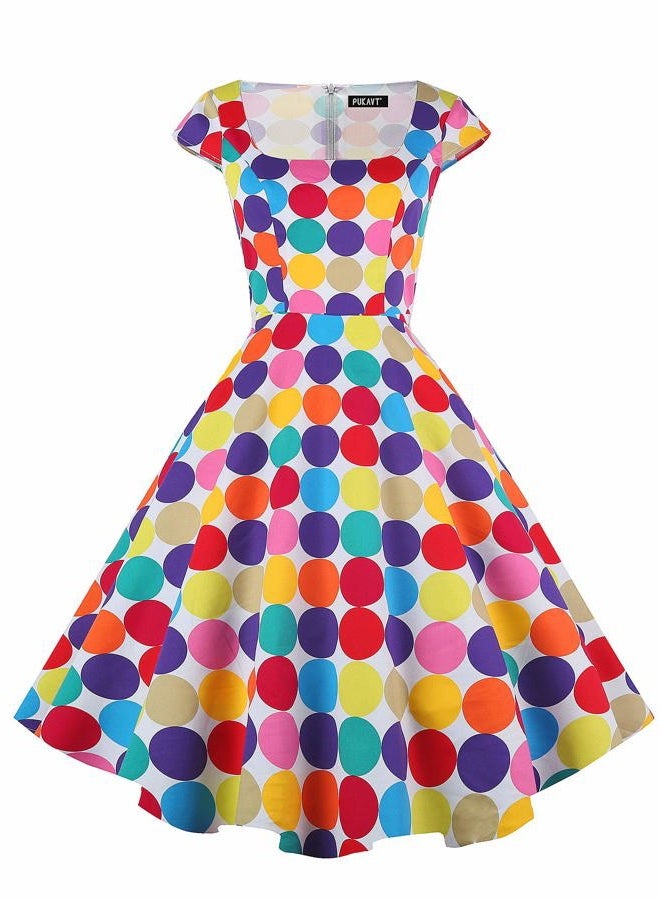 Pukavt Women's Cocktail Party Dress Cap Sleeve 1950 Retro Swing Dress with Pockets, Z-colorful Dot, L - Image 1