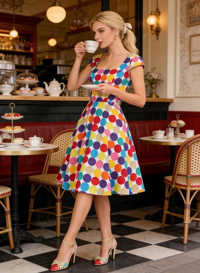 Pukavt Women's Cocktail Party Dress Cap Sleeve 1950 Retro Swing Dress with Pockets, Z-colorful Dot, L - Image 3