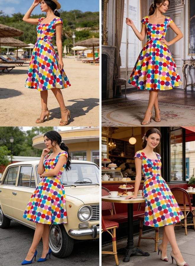 Pukavt Women's Cocktail Party Dress Cap Sleeve 1950 Retro Swing Dress with Pockets, Z-colorful Dot, L - Image 5