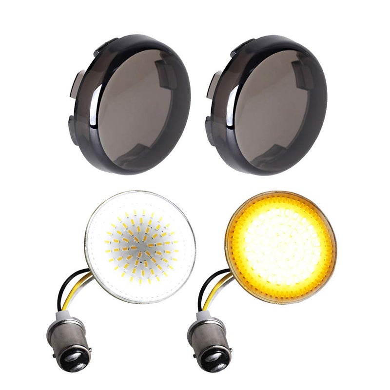 أضواء إشارة الانعطاف الأمامية LED NTHREEAUTO 1157 بغطاء عدسة مدخنة مقاس 2 بوصة متوافقة مع هارلي داينا سبورتستر رود كينغ ستريت جلايد سوفتيل آيرون 883 جيل 2 مصابيح SMD