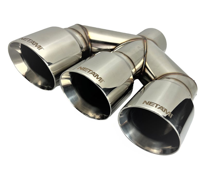 NETAMI 3 Inlet to 4 Triple Outlets Stainless Steel Exhaust Tip Dual Wall Chrome Polished