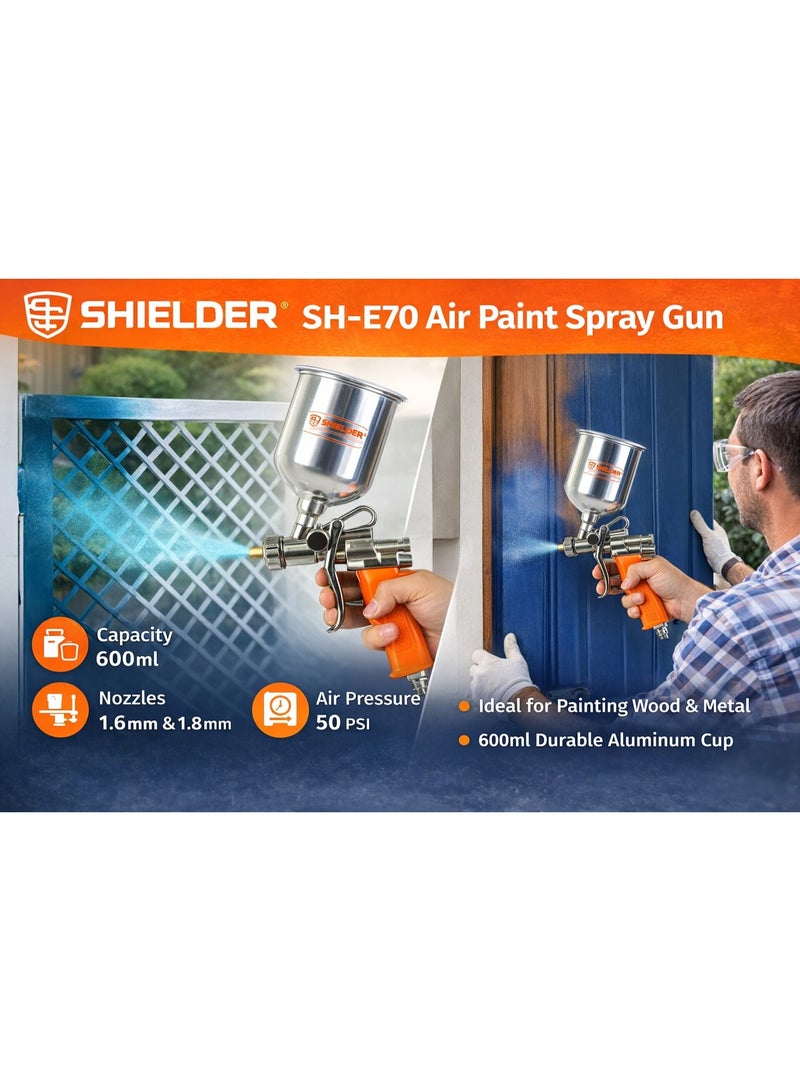 Shielder Paint Spray Gun Shielder SH-E70 Pneumatic HVLP Air Paint Sprayer With 600ml Aluminum Cup And Adjustable Air Flow - Image 2