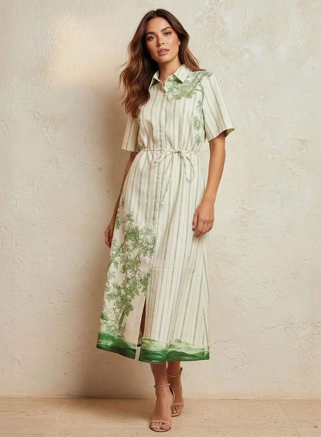 ايكونيك Iconic Printed Women Shirt Dress with Tie-Up Belt