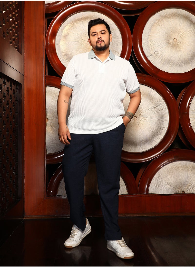 Instafab Plus Instafab Plus Men's White & Green Contrast Ribbed Polo T-Shirt For Casual Wear | Polo Neck | Short Cuffed Sleeves | Half-Button Closure | Plus Size T-Shirt Crafted With Comfort Fit For Everyday Wear  - Image 5